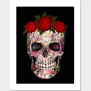 Floral skull with red roses crown Posters and Art